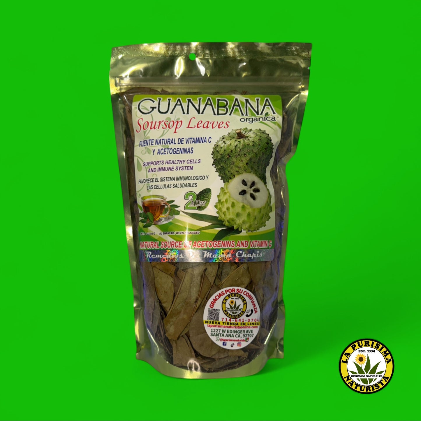 GUANABANA ORGANICA (SOURSOP LEAVES) ACETOGENINS AND VITAMN C (HIERBA PARA HERBIR) CONTENIDO 3 OZ (85 GR)