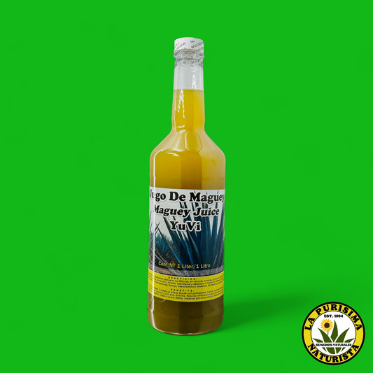 A 1-liter bottle of JUGO DE MAGUEY YUVI maguey juice, with a label that includes the product name and the brand YUVI.
