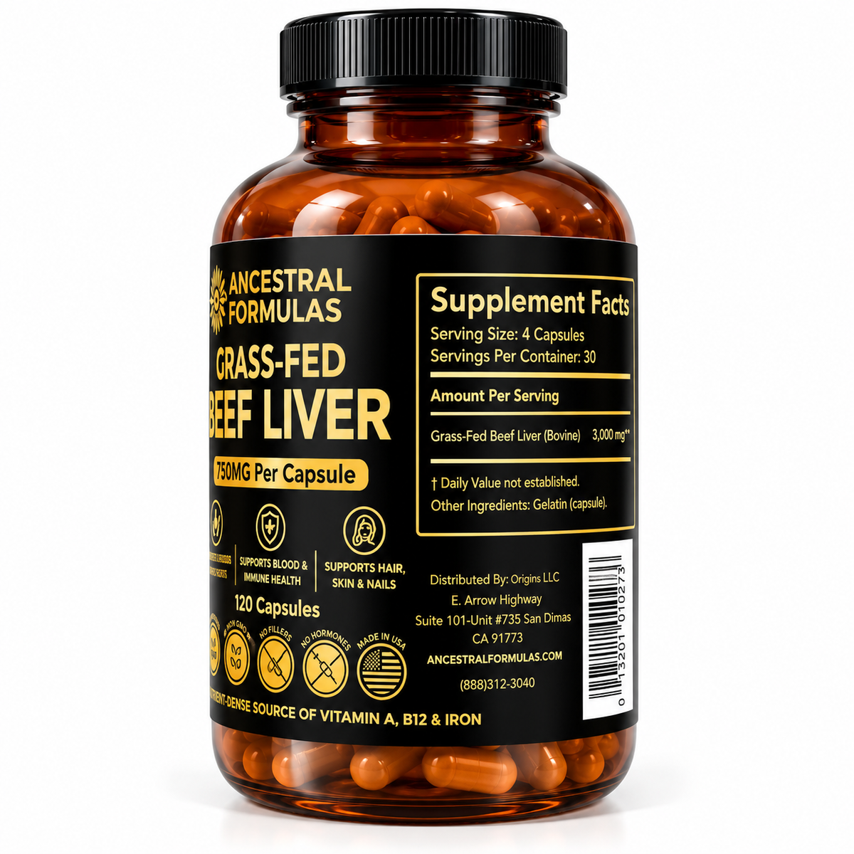 Beef Liver Grass-Fed 750 mg 120 Cápsulas