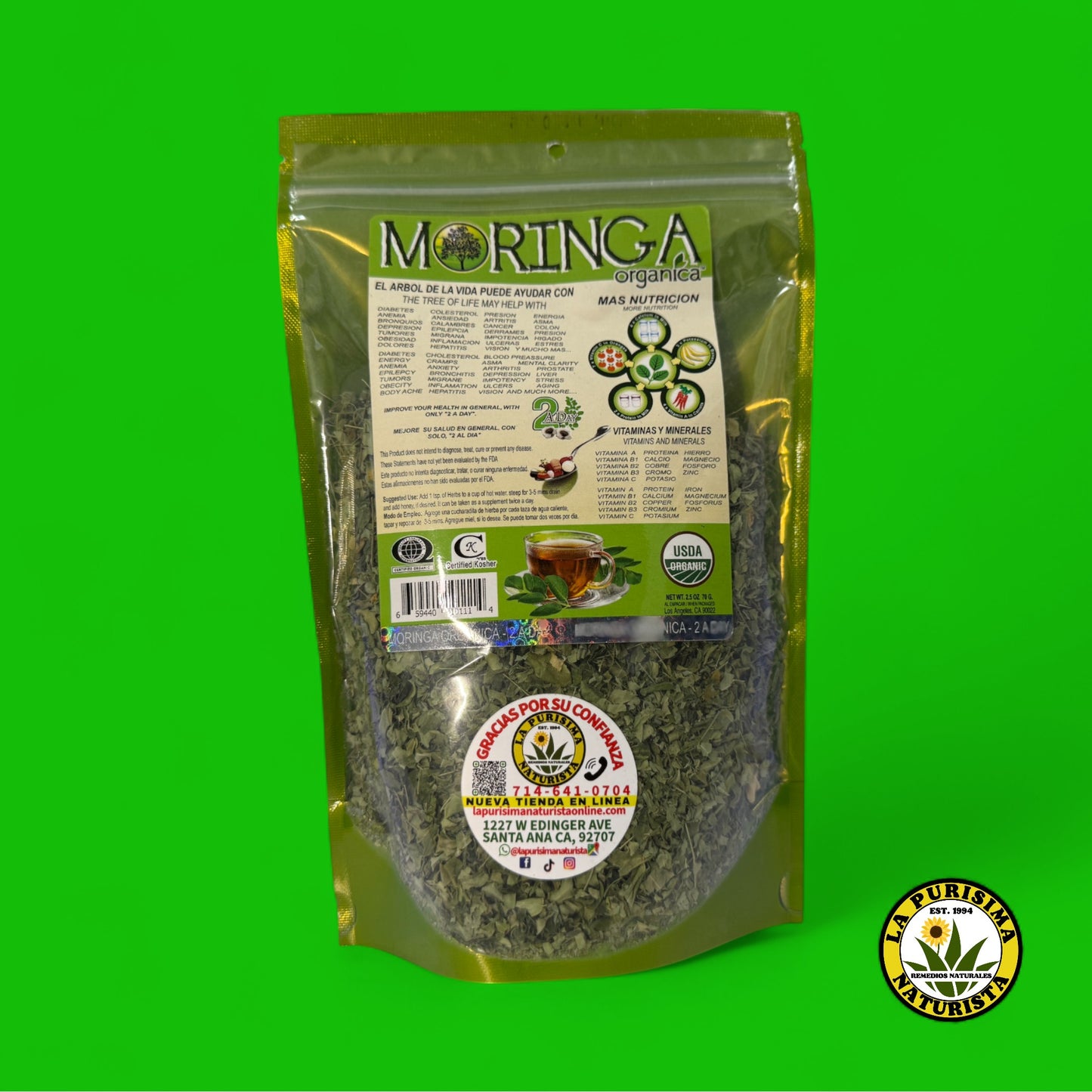 MORINGA ORGANICA (EL ARBOL DE LA VIDA) CON VITAMINAS Y MINERALES (HIERBA PARA HERBIR) CONTENIDO 2.5 OZ (50 GR)