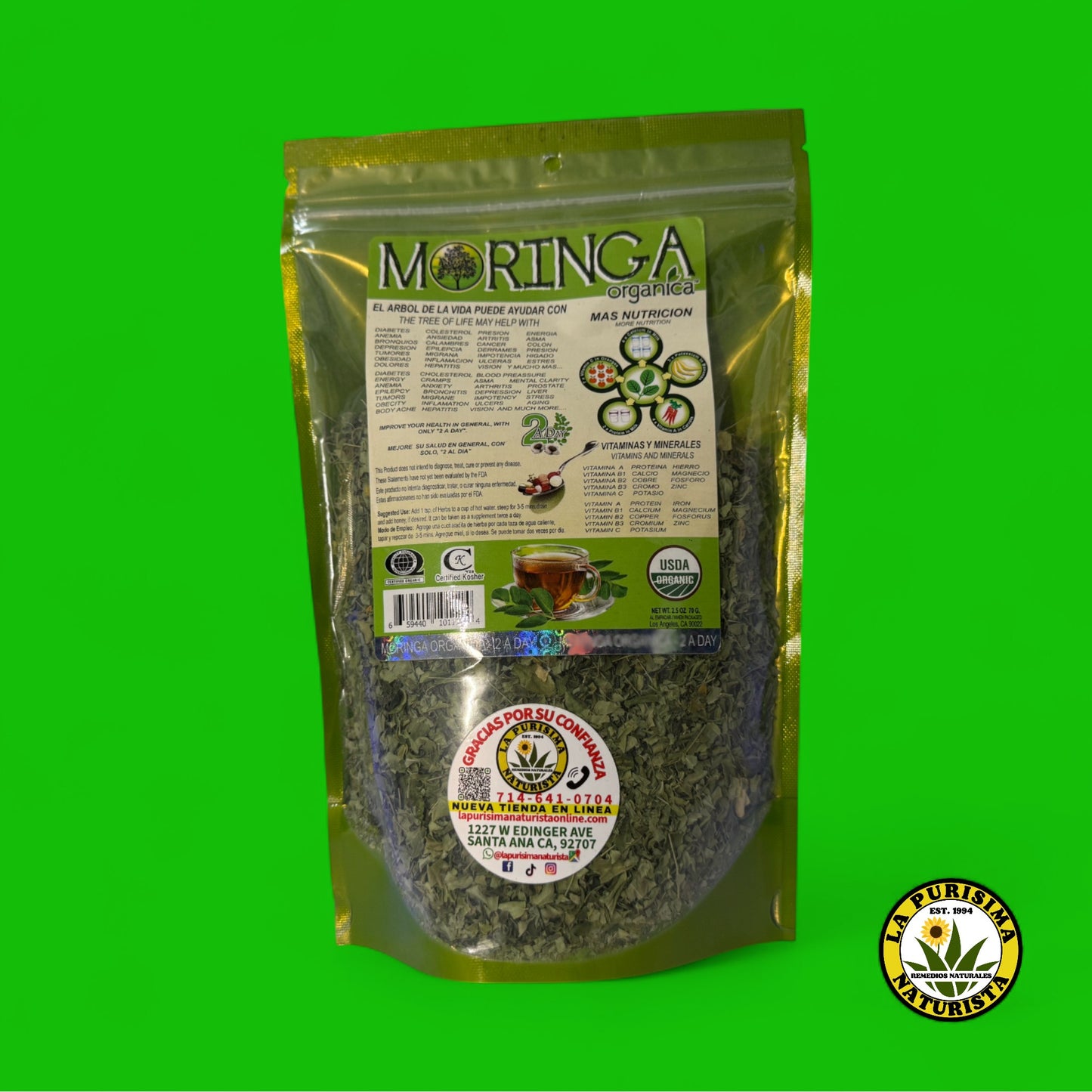 MORINGA ORGANICA (EL ARBOL DE LA VIDA) CON VITAMINAS Y MINERALES (HIERBA PARA HERBIR) CONTENIDO 2.5 OZ (50 GR)