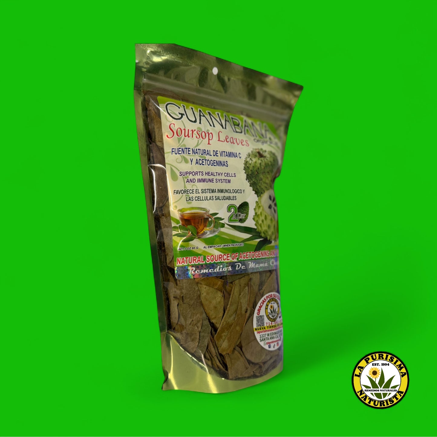 GUANABANA ORGANICA (SOURSOP LEAVES) ACETOGENINS AND VITAMN C (HIERBA PARA HERBIR) CONTENIDO 3 OZ (85 GR)