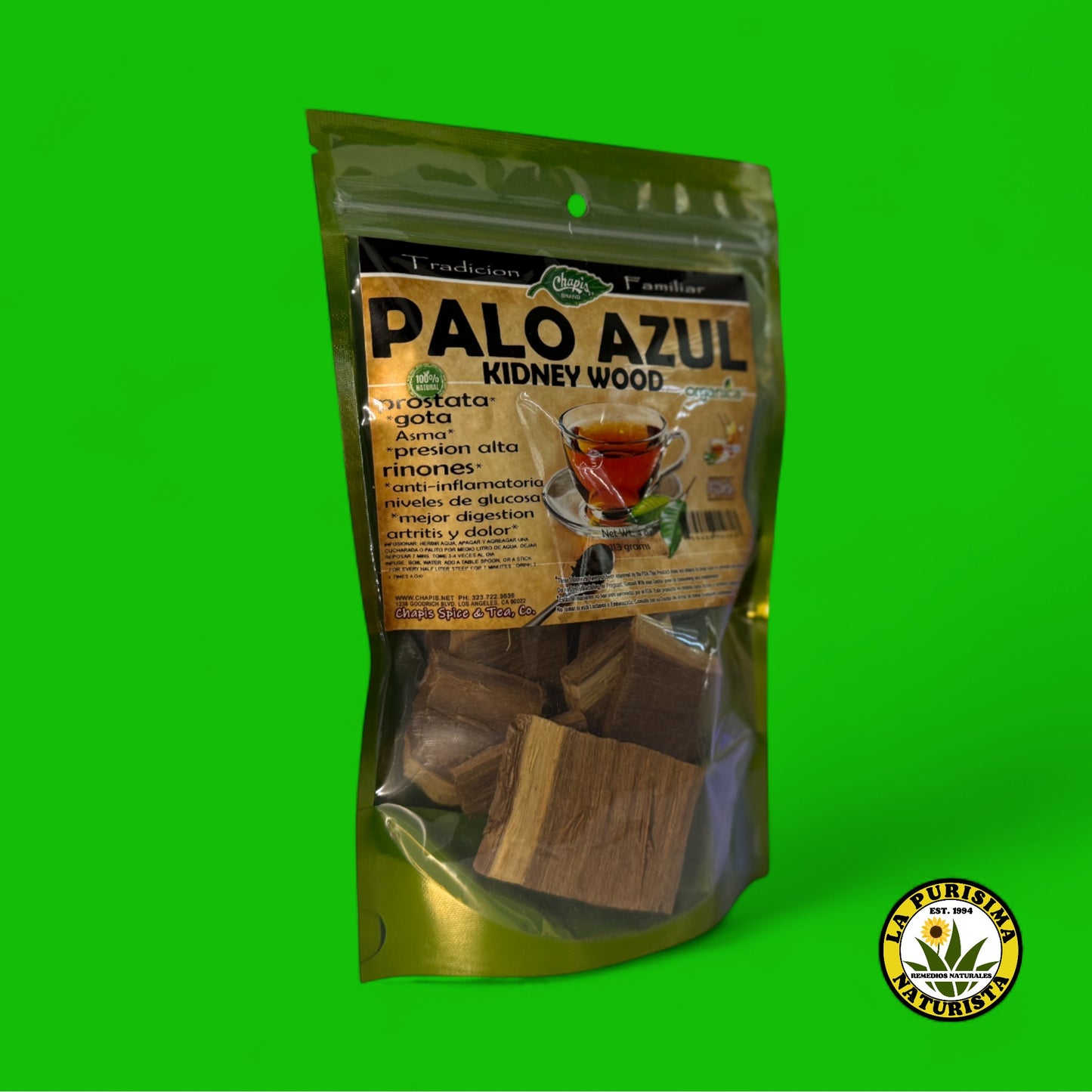 PALO AZUL ORGANICO (KIDNEY WOOD) 100% NATURAL CONT. 4 OZ. (113 GR)