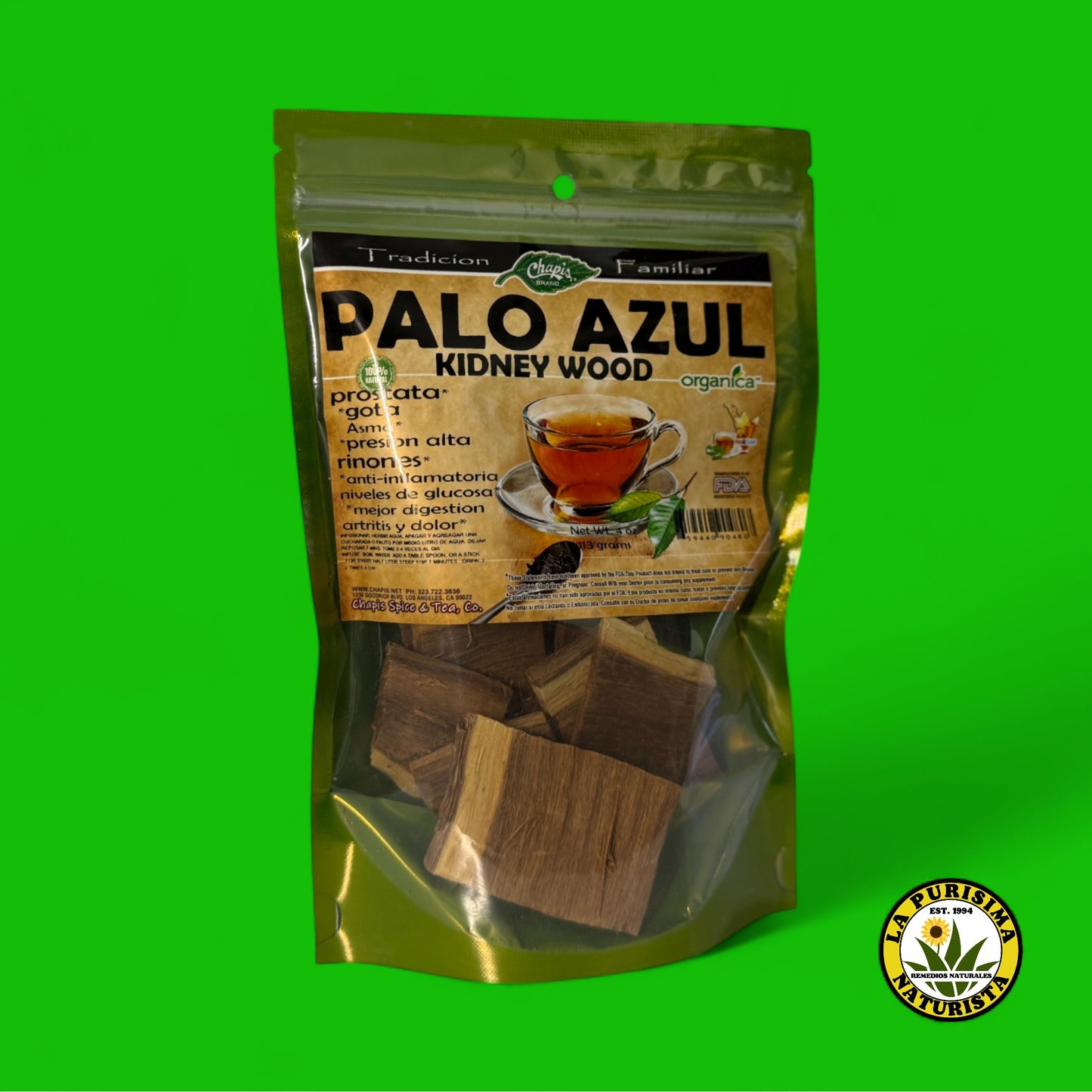 PALO AZUL ORGANICO (KIDNEY WOOD) 100% NATURAL CONT. 4 OZ. (113 GR)