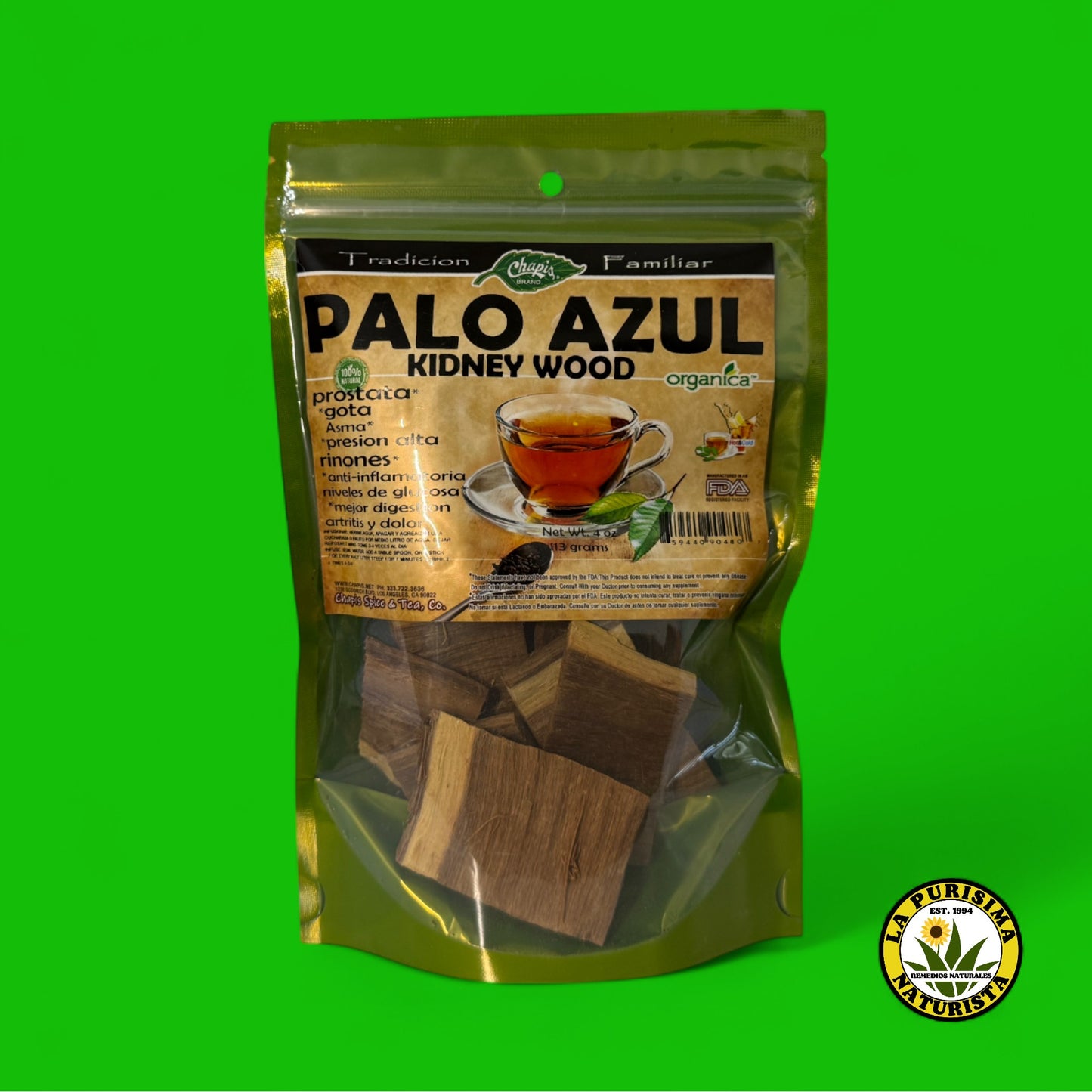PALO AZUL ORGANICO (KIDNEY WOOD) 100% NATURAL CONT. 4 OZ. (113 GR)