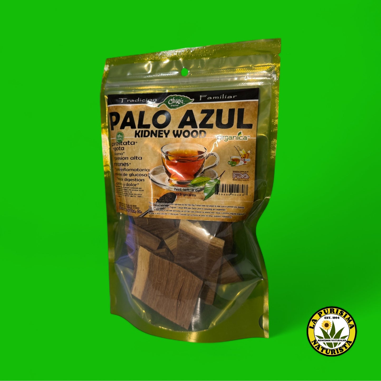 PALO AZUL ORGANICO (KIDNEY WOOD) 100% NATURAL CONT. 4 OZ. (113 GR)
